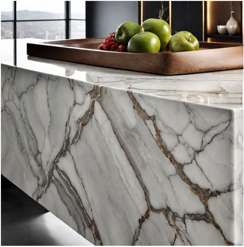 A marble counter top with apples on it.