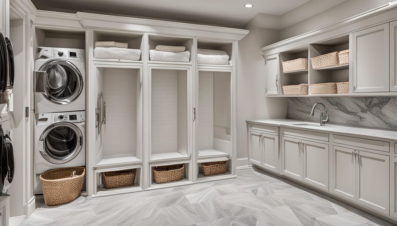 A room with three white lockers and two baskets.