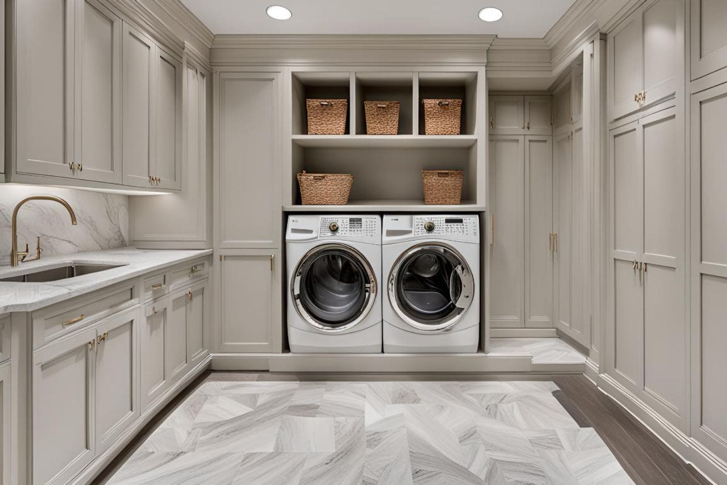 A laundry room with two machines and shelves.