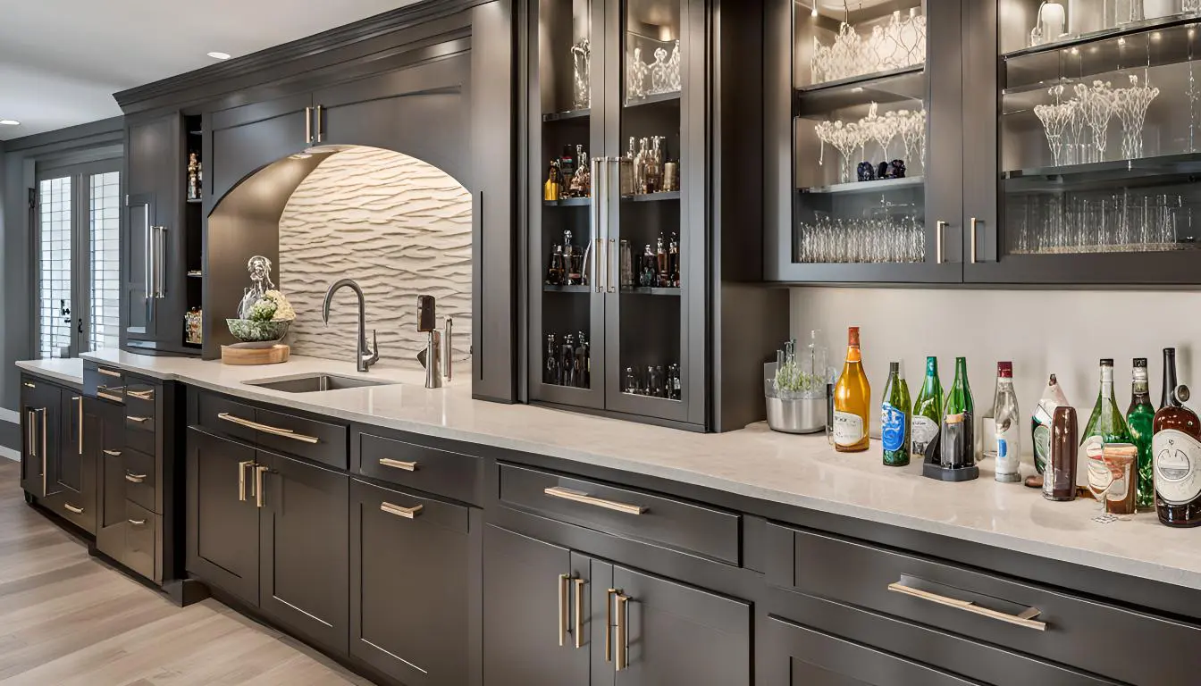 A kitchen with dark cabinets and white counters.