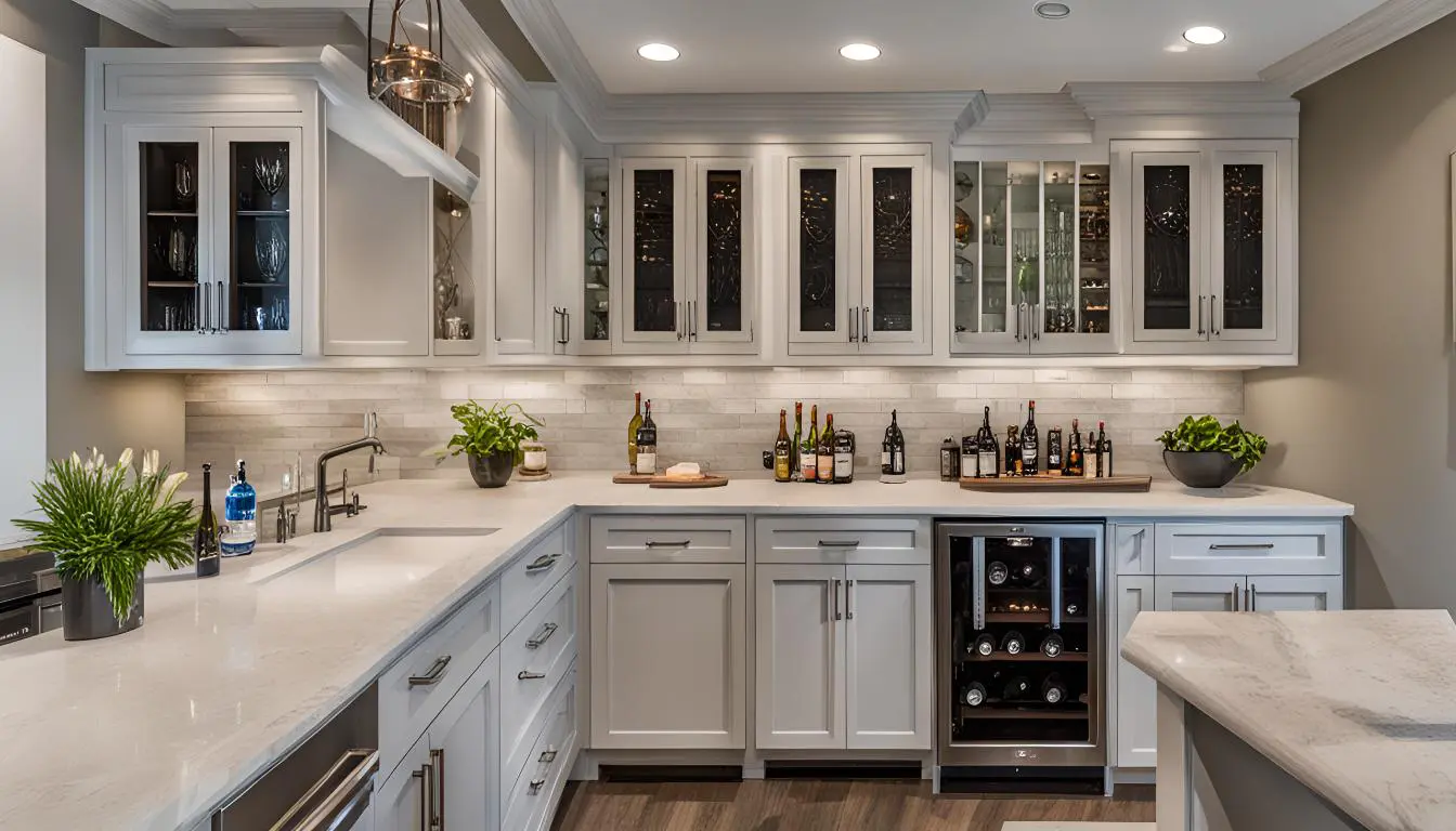 A kitchen with white cabinets and wine storage.