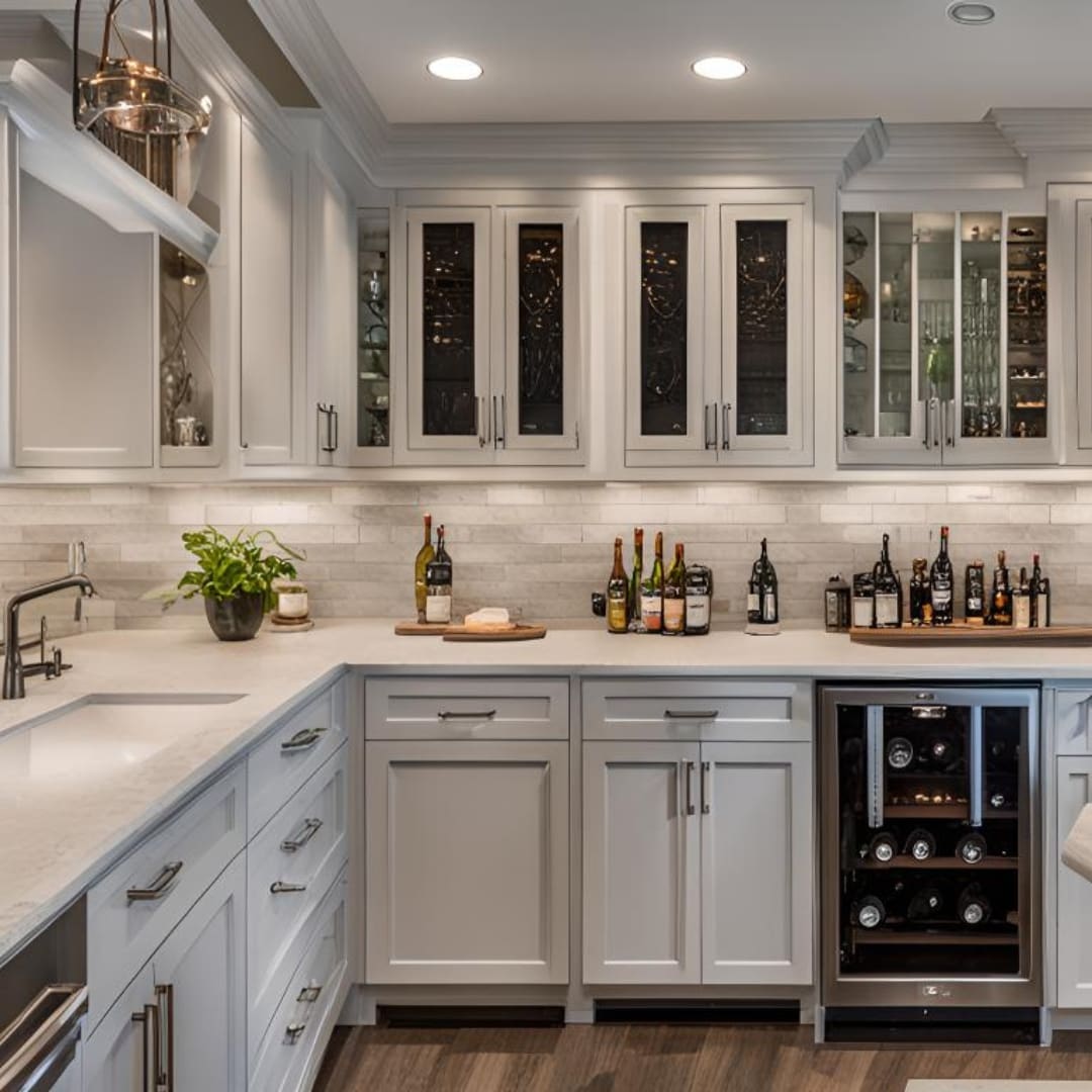 A kitchen with white cabinets and a wine cooler.